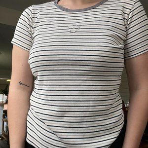 Striped Black/Tan/Cream Scoop Neck Waffle Knit Short Sleeve Shirt